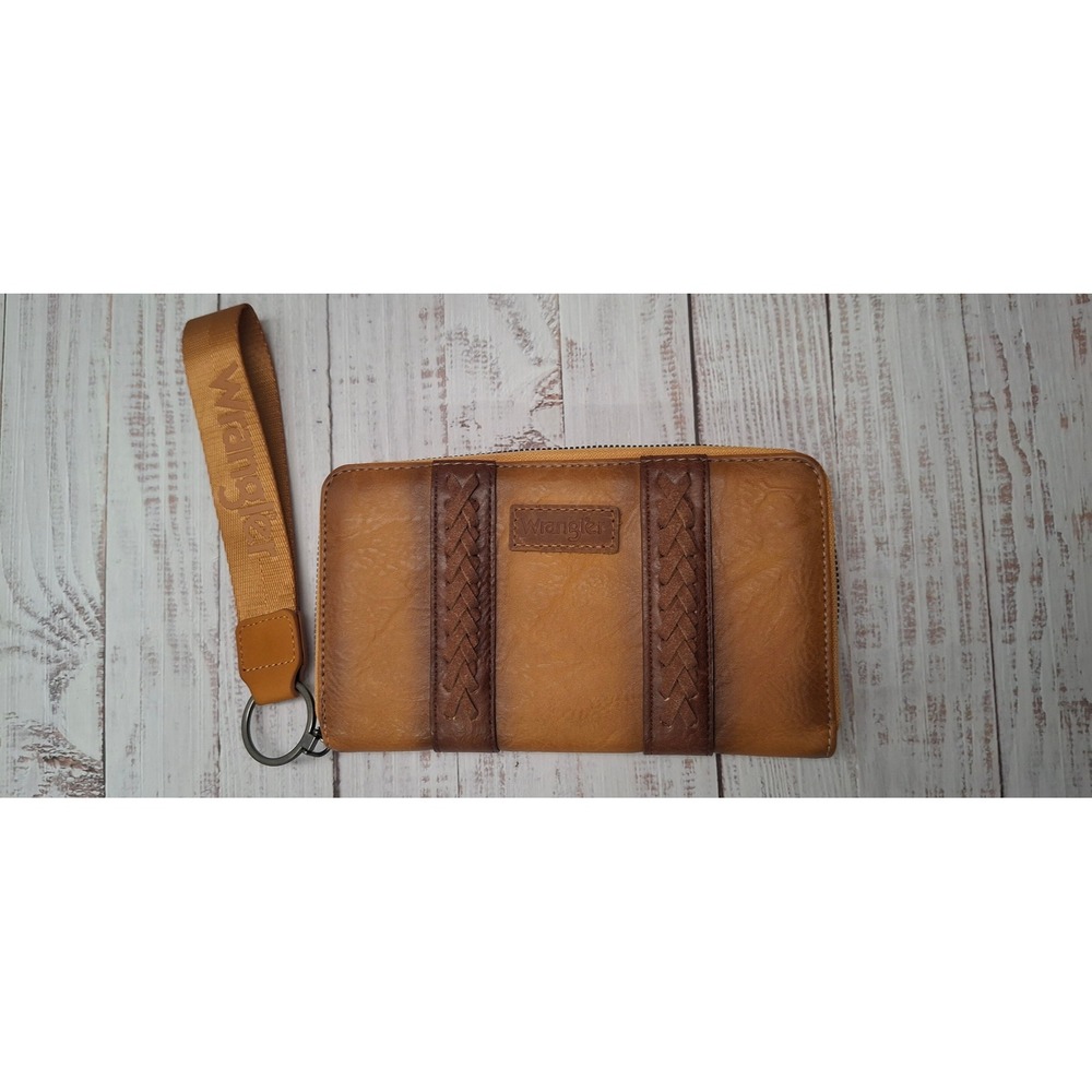 Wrangler Womens Zip Around Wristlet Wallet Tan Brown Braided Western Logo